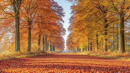 Autumn tree lined path covered in fallen leaves