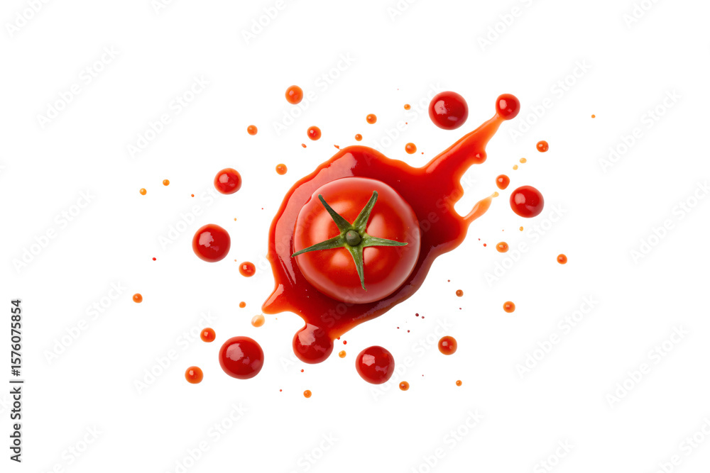 Poster tomato sitting in pool of red ketchup with droplets and splashes, isolated on a transparent backgrou