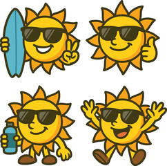 Vibrant Summer Sun Character Collection: Cheerful Cartoon Suns with Sunglasses, Surfing, Thumbs Up, Drinking Water, and Waving for Fun Beach Adventures and Warm Weather Icons, Sunny Days.