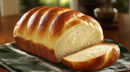 Sliced loaf of bread on a cloth table