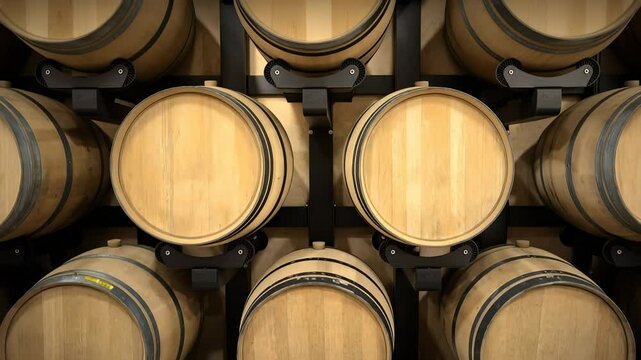 Wooden wine barrels neatly arranged in organized rows, showcasing aging and storage techniques in winemaking process. Symmetrical composition with precise positioning.