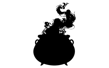 Halloween Witch Brewing Potion – Black and White Vector