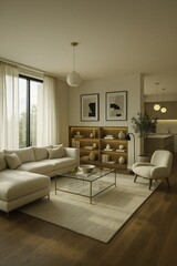a cozy reading nook with a boucle armchair and a modern arc floor lamp sits near an indoor olive tree in a stone planter. The hardwood flooring has a rich walnut finish.