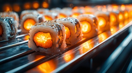 Sushi rolls on conveyor belt with glowing filling