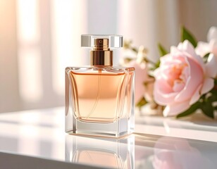 Perfume advertisement, bottle and minimalism: Glass perfume bottle on reflective surface, soft ambient glow, minimal styling.