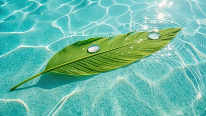 A vibrant green leaf with water droplets floats gently on the surface of a clear blue swimming pool with sunlight reflecting