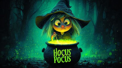 Animated character of a witch preparing a magic potion in her pot. 