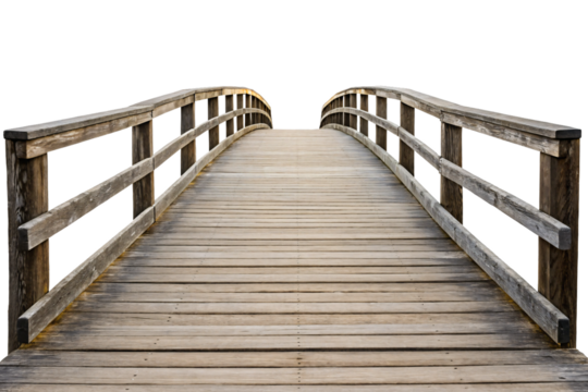 Curved wooden bridge with rustic railings leading upward in arched design, isolated on a transparent background