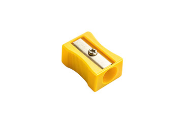 Yellow pencil sharpener viewed from different angle showing the opening and metal cutting blade inside plastic housing, isolated on a transparent background