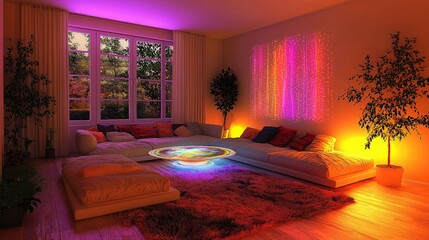 Modern living room interior with colorful lighting and plants