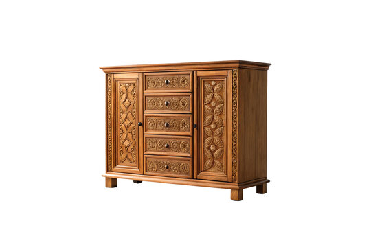 Ornate carved wooden sideboard with intricate decorative patterns featuring drawers and cabinet doors in warm brown finish, isolated on a transparent background