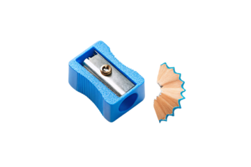 Blue pencil sharpener with wood shavings showing the tool in use for sharpening wooden pencils, isolated on a transparent background