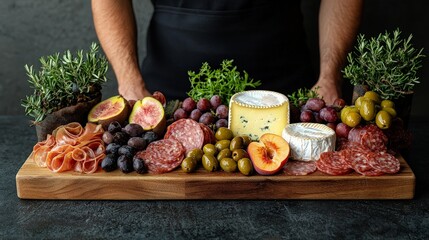 Charcuterie board with cheese meats olives and fruit