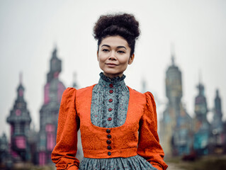 Elegant Woman in Retro-Futuristic Dress Standing Before Sci-Fi Skyscrapers with Confident Expression
