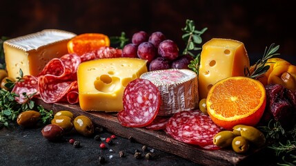 Cheese charcuterie board with fruit and olives on wood