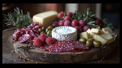 Charcuterie board with cheese grapes olives and berries