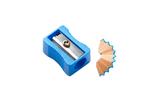 Blue pencil sharpener with wood shavings showing the tool in use for sharpening wooden pencils, isolated on a transparent background