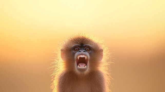 Close up of a young monkey with mouth wide open and sharp teeth visible