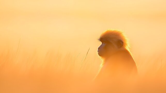 Golden hour silhouette of a langur monkey in tall grass