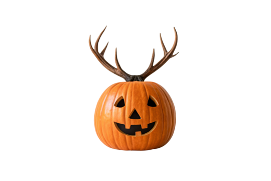 Carved jack-o'-lantern pumpkin with deer antlers creating spooky Halloween hybrid decoration, isolated on a transparent background
