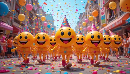 Parade of emoji characters wearing party hats walking down a city street with confetti falling