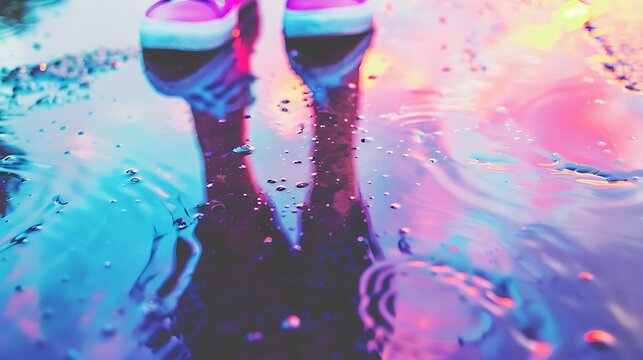 Vibrant reflections of a person in pink shoes stepping through a puddle of colorful water