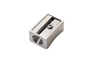 Silver metal pencil sharpener with single hole, classic office school supply tool, isolated on a transparent background