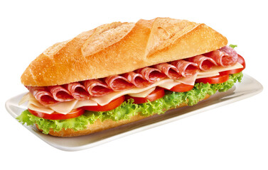 prato com sanduíche de salame, queijo, tomate e alface isolado em fundo transparente