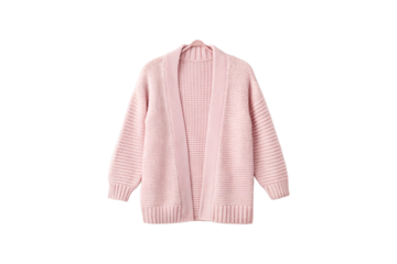 Pink open-front cardigan sweater with textured knit pattern and ribbed trim details, isolated on a transparent background