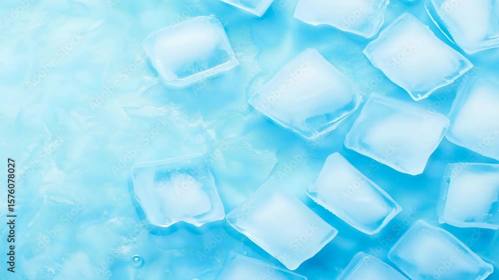 Poster multiple translucent square ice cubes scattered across blue-tinted surface. geometric shapes with fr