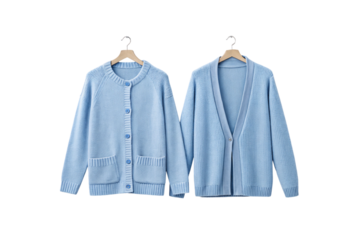 Light blue button-up cardigan with ribbed details paired with matching open-front cardigan style, isolated on a transparent background