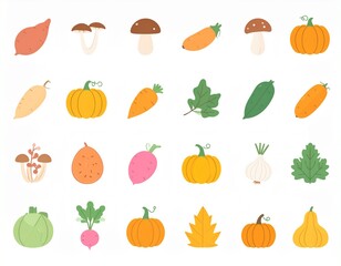 Cute Watercolor Autumn Vegetables and Mushrooms Collection
