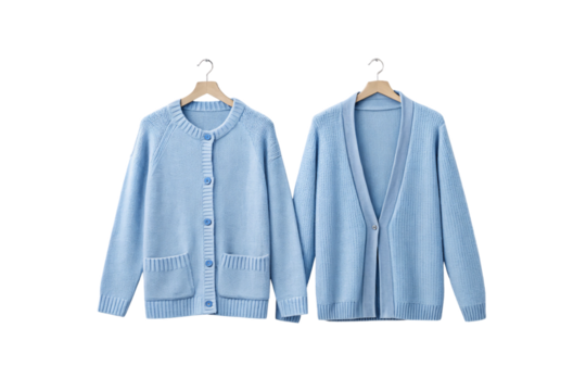 Light blue button-up cardigan with ribbed details paired with matching open-front cardigan style, isolated on a transparent background