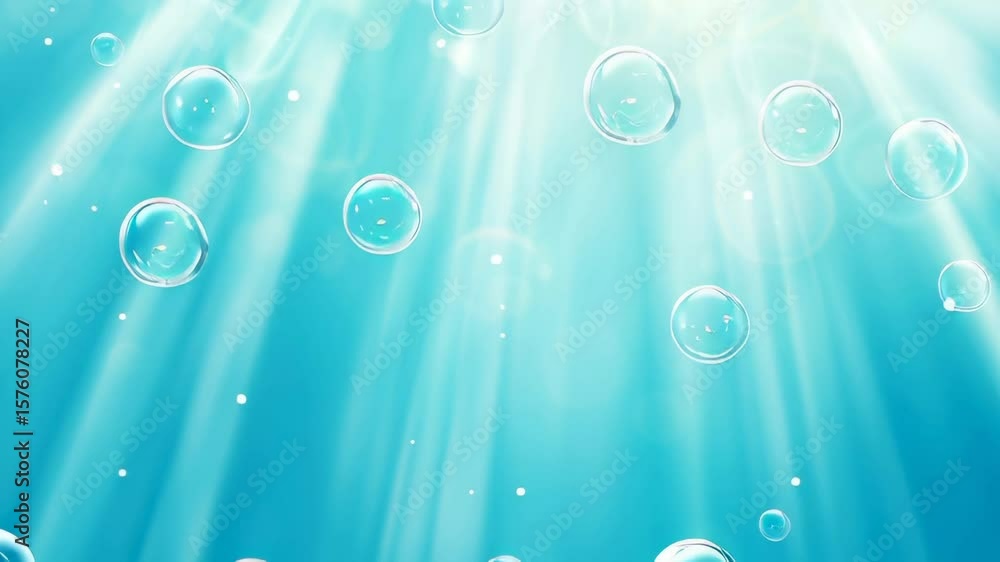 Poster transparent soap bubbles drifting through turquoise underwater-like background with soft light rays.