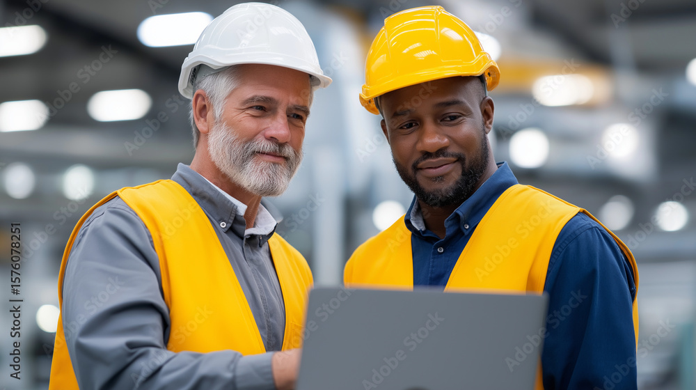 Poster engineers collaborating on project in industrial factory setting