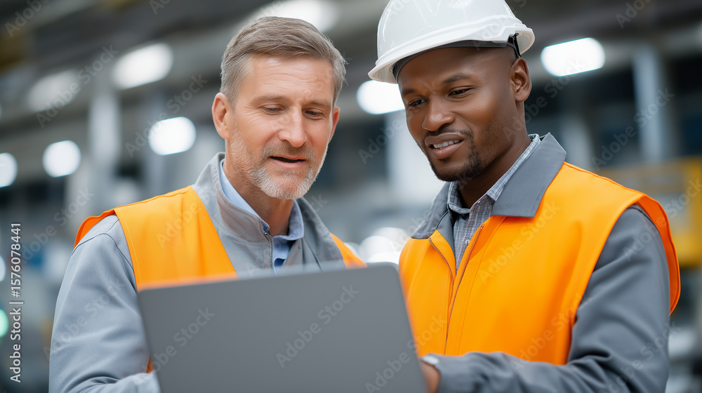 Poster engineers collaborating on project in industrial factory setting