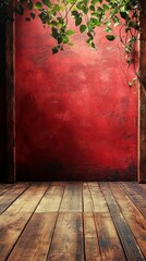 Textured Red Wall and Wooden Floor with Green Vine Decor