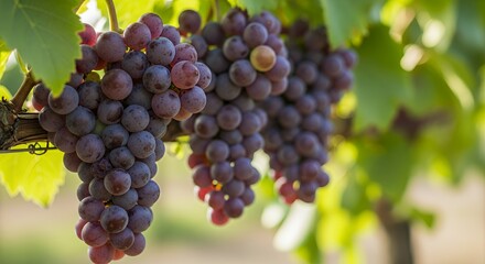 Dark Purple Grapes Hanging on Vine in Vineyard with Green Leaves
