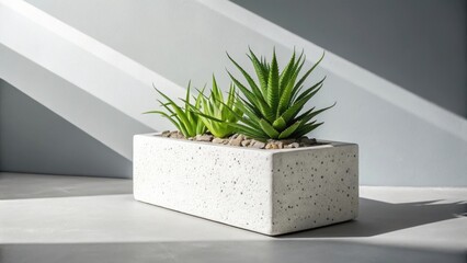 A minimalist arrangement of vibrant green succulents in a textured white rectangular planter bathed in dramatic diagonal light and shadow