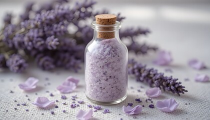 powder in glass jar with lavender flower in m minimal room 