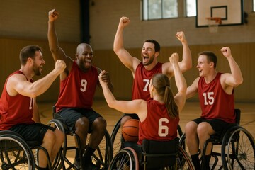 Five wheelchair basketball players in red jerseys celebrating triumph on the court, showcasing teamwork and joy in a sports arena