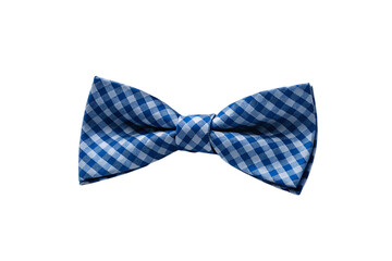 Blue and white gingham patterned bow tie with classic checkered design and pre-tied formal styling, isolated on a transparent background