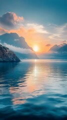 Lake at Sunrise with Mountain View and Cloudscape Reflection