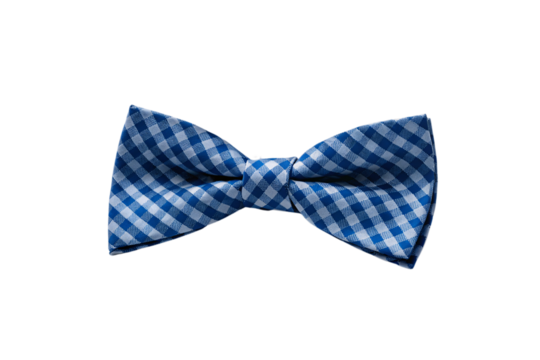 Blue and white gingham patterned bow tie with classic checkered design and pre-tied formal styling, isolated on a transparent background