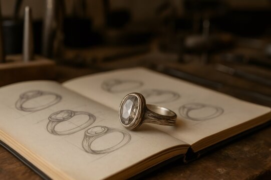 Detailed silver ring rests on an open sketchbook, surrounded by artistic ring sketches. The setting suggests a creative jewelry design process