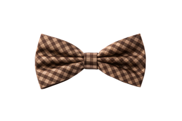 Brown gingham checkered bow tie with diagonal pattern in earth tones, isolated on a transparent background