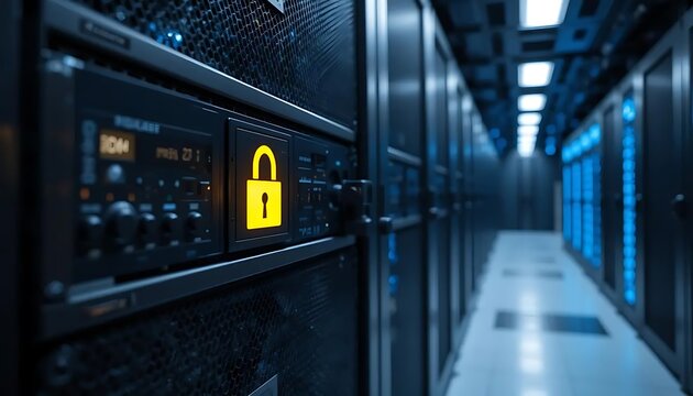 close-up of secure server rack with glowing locked indicator, blue ambient light, modern data center environment
