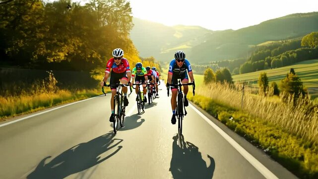 Professional cyclists in colorful jerseys race along winding mountain road through golden countryside landscape during warm sunset creating dynamic sports competition scene