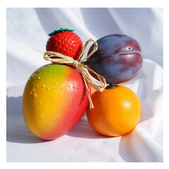 Vibrant Still Life  bright red strawberry, a golden yellow mango, a deep purple plum, and a sunny orange mandarin
