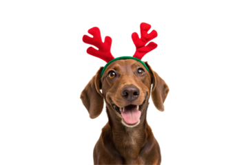 Happy brown dachshund dog wearing festive red reindeer antlers headband with green band, tongue out, isolated on a transparent background